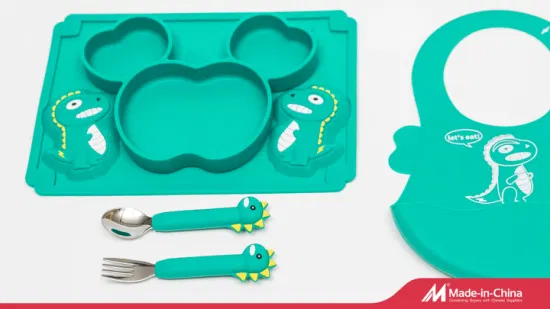 Conjunto de talheres para bebê Silicona Conjunto de alimentação Placa de dinossauro de silicone de desenho animado